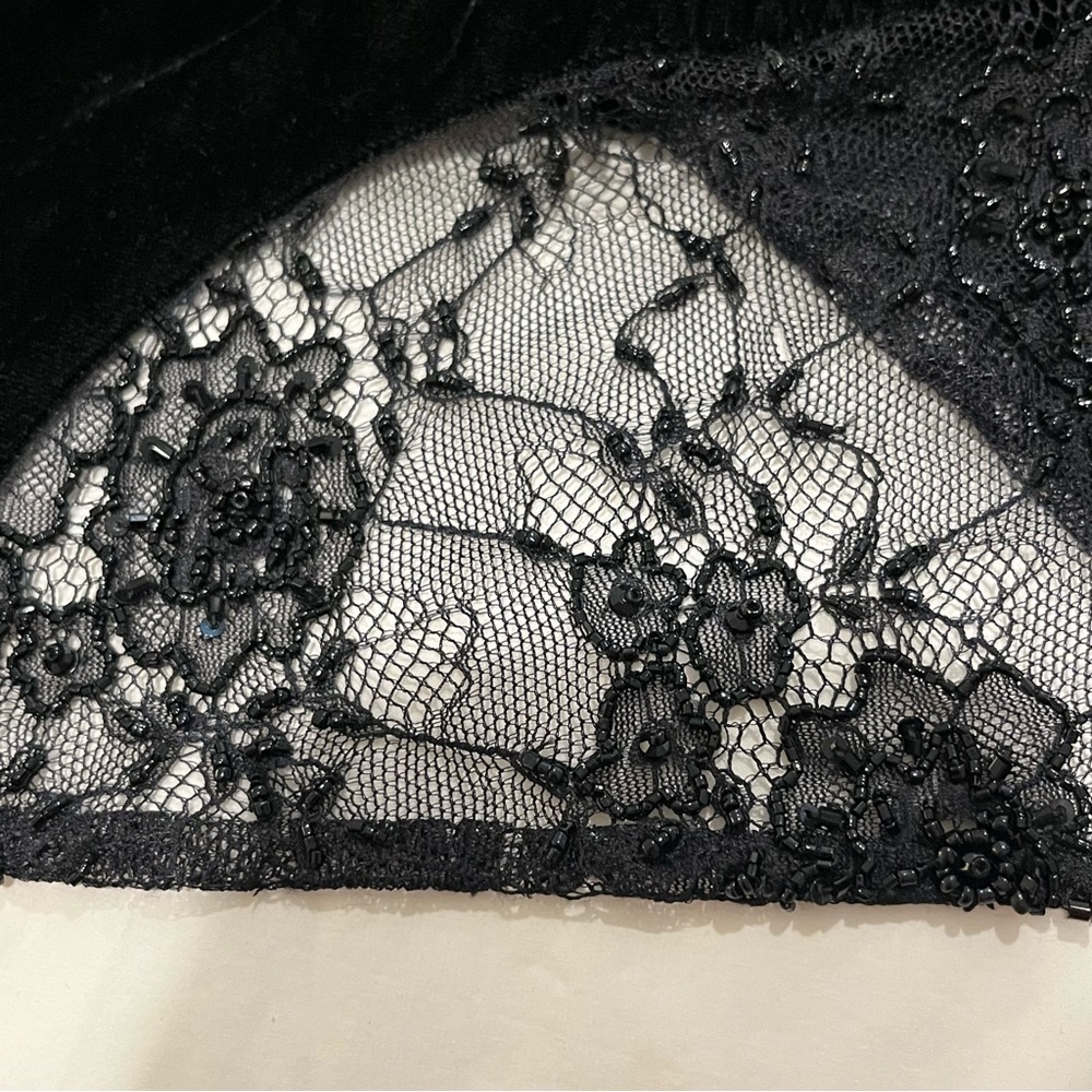 Retrofete | One Sleeve Mini Dress with Lace in Black Velvet - Size Small (New) - Picture 7 of 8